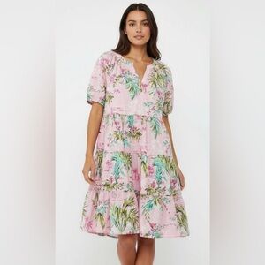 🌸🌴NWT Crown & Ivy Pink Floral Woman’s V-Neck Tiered Short Sleeve Dress, Size XL